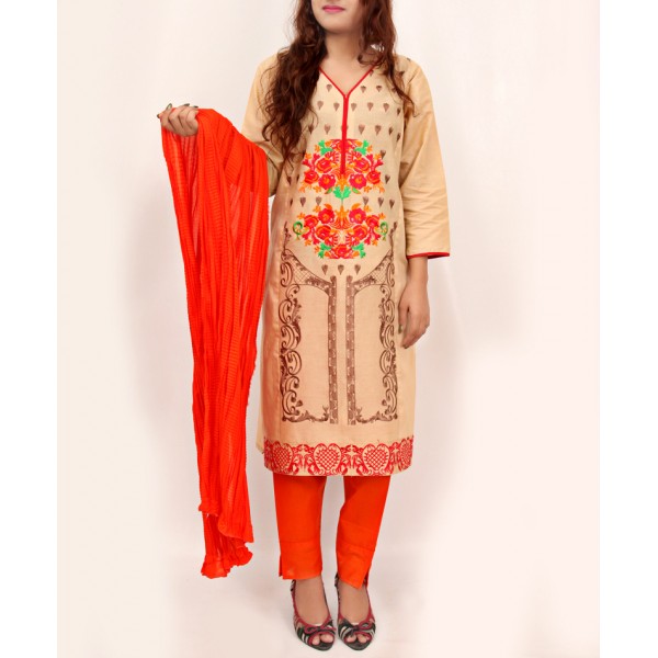 Khaki Embroidered Stylish Design Ladeis suit AKG-077